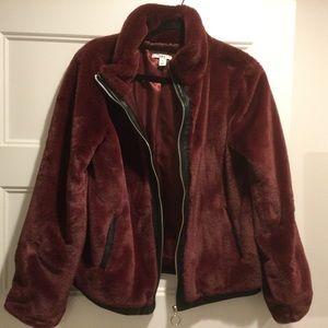 Rich Wine Burgundy Red Faux Fur Jacket With Vegan Leather Trim